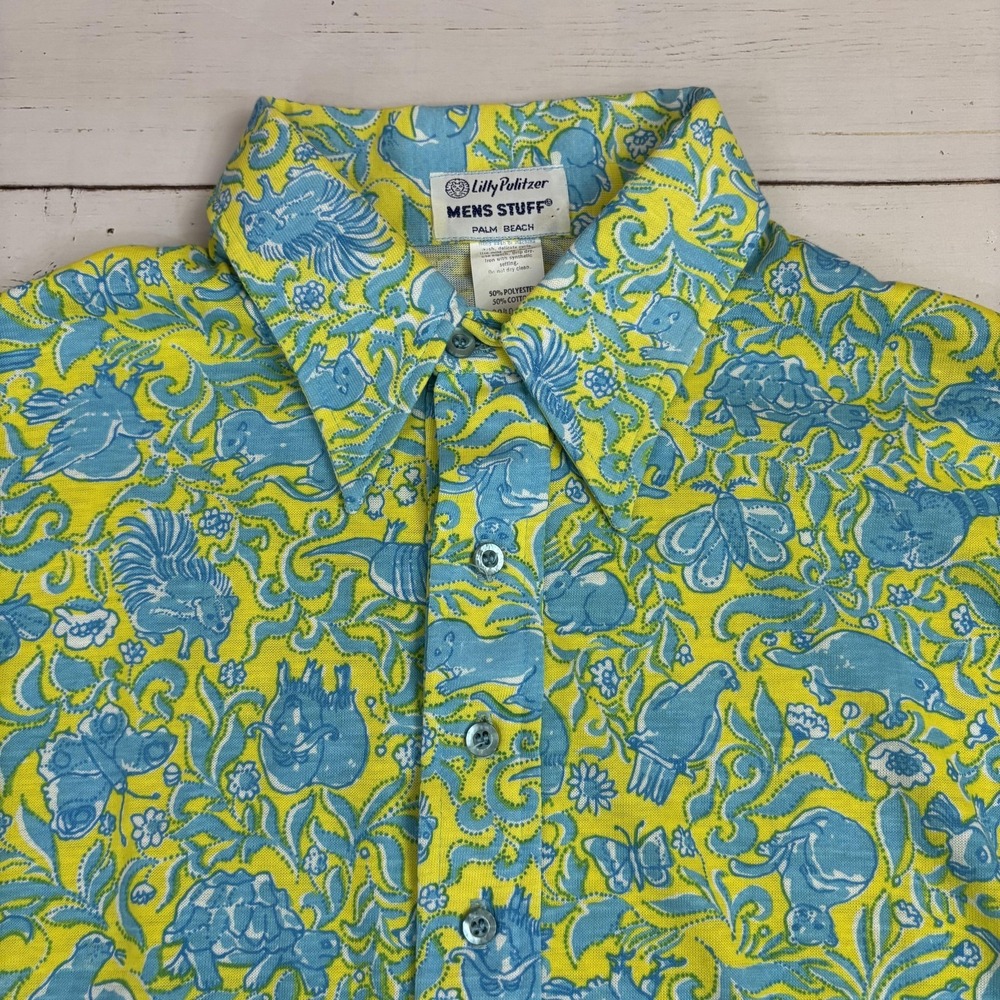 Vintage Lilly Pulitzer Mens Stuff Polo Shirt Mens L Yellow Blue Palm Beach